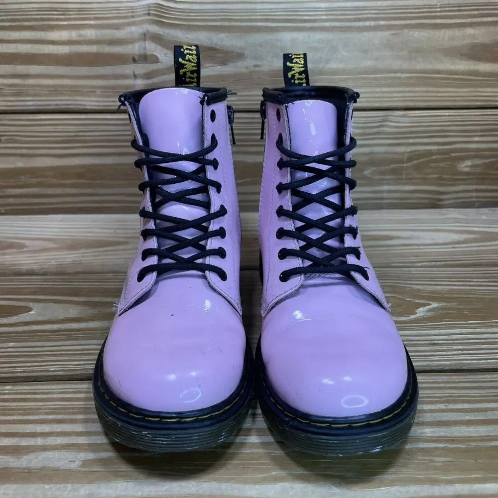 Dr. Martens Pink Patent Kids Lace-Up Boots with Black Trim